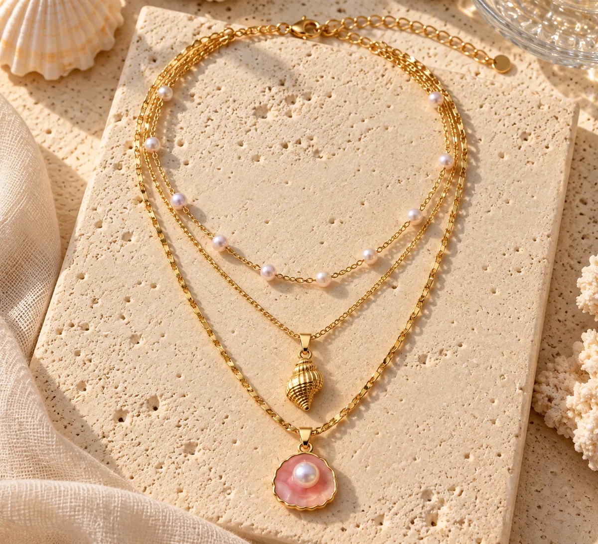 Blush Tide Triple Layer Shell Necklace – Gold Plated